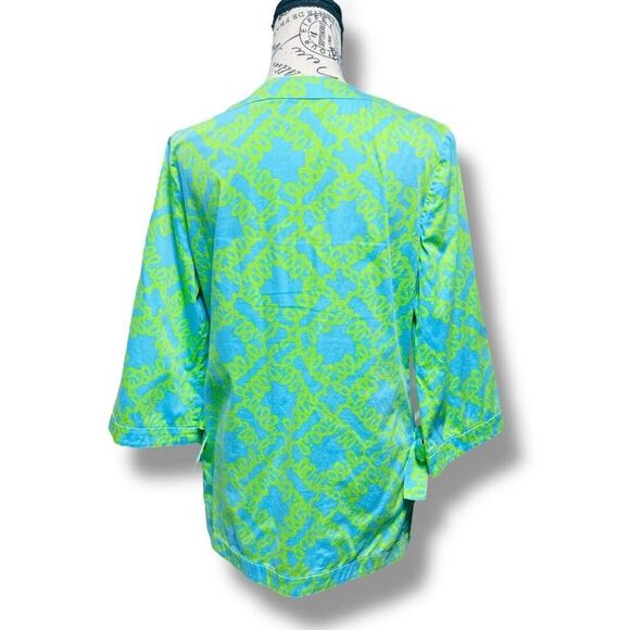 Lilly Pulitzer S Cotton Blouse Blue Green Print Split Neck Tunic Top Side Ties - Picture 3 of 10